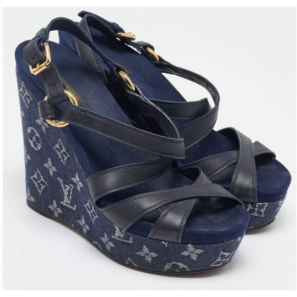 Louis Vuitton Navy Blue Leather and Monogram Denim Ocean Wedge Sandals Size 38.5 - Picture 1 of 7